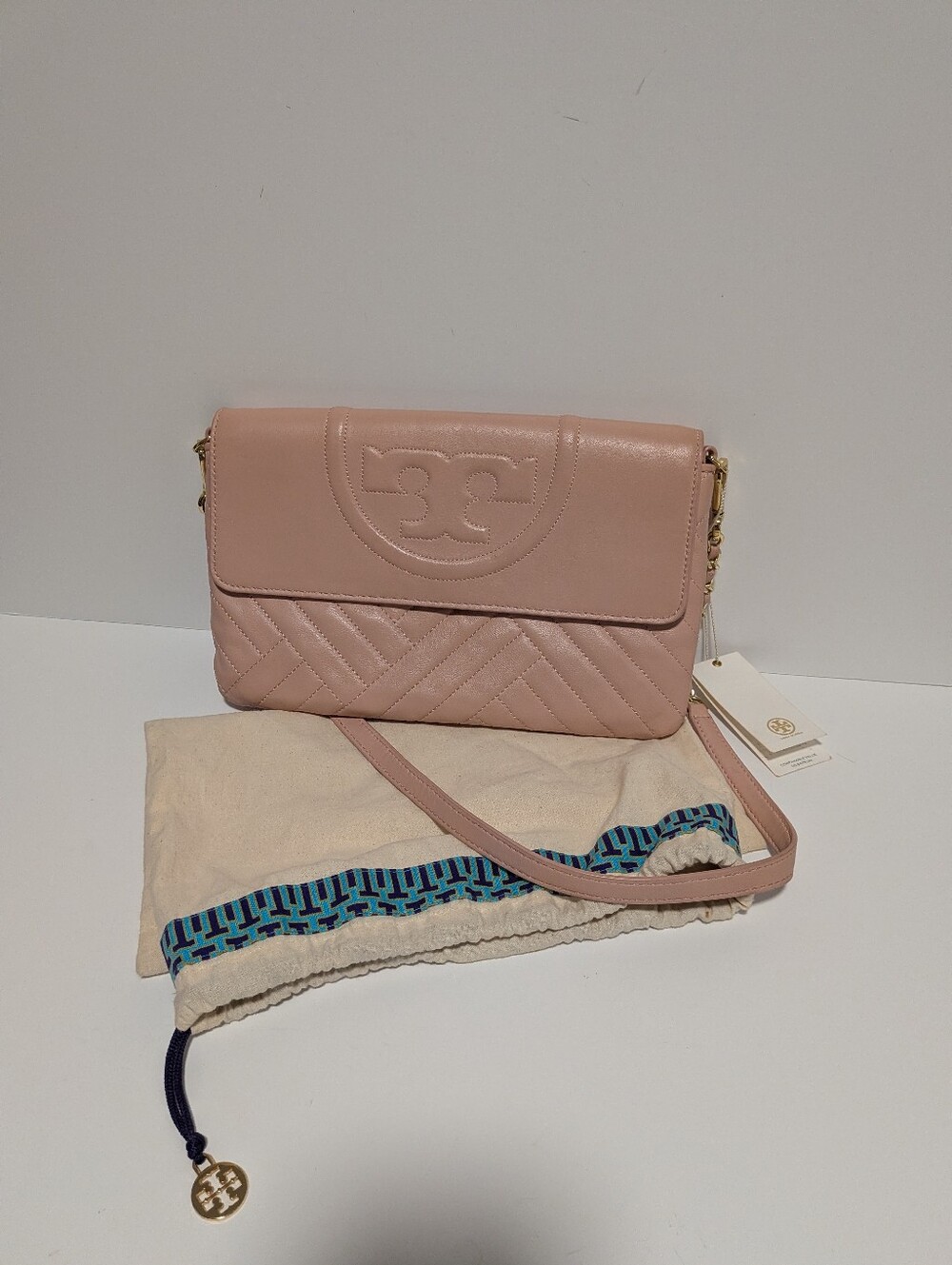 Tory Burch Blush Pink Quilted Leather Shoulder Bag with Gold Chain